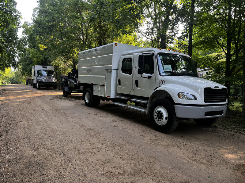 Trees and Co. branded chip trucks staged for a commercial job
